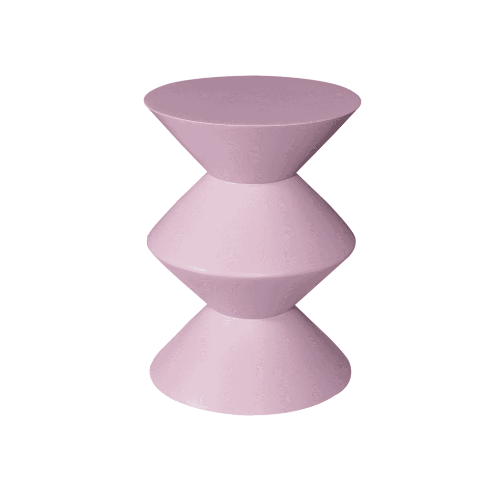 Unieke roze houten bijzettafel met moderne en speelse vorm, perfect voor woonkamer of slaapkamer, ontworpen door Mokana Meubelen voor een stijlvolle inrichting.