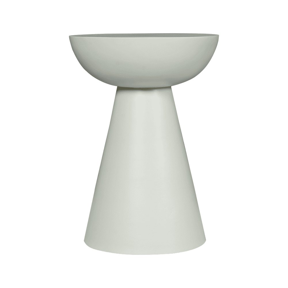 Elegant witte bijzettafel met een moderne, minimalistische vorm, perfect voor Scandinavisch interieur en duurzame woninginrichting.