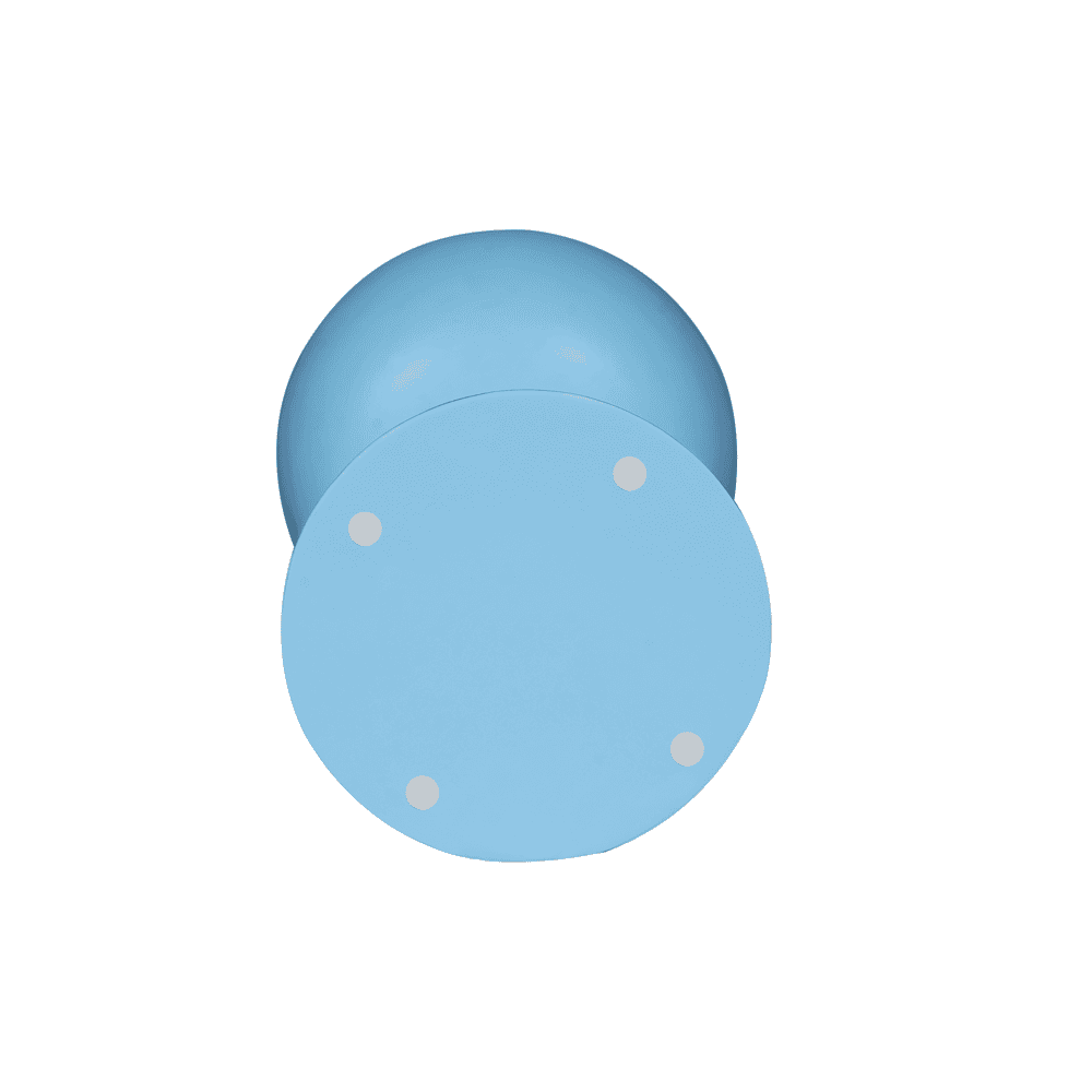 Ronde blauwe tafel met uitschuifbaar bovenblad en comfortabele randafwerking, perfect voor moderne eetkamers en woonruimtes.