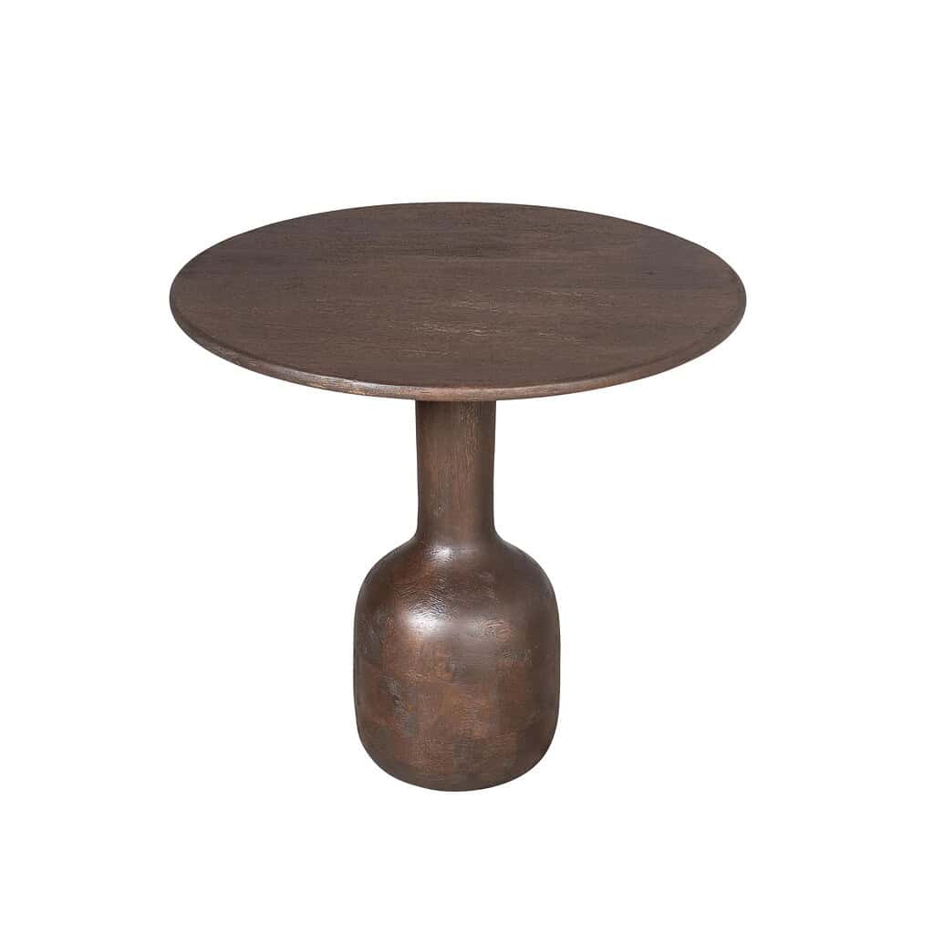 Elegant houten bijzettafel met ronde top en unieke aardetint, perfect voor een moderne of landelijke interieurstijl.