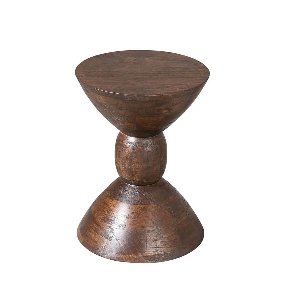 Leren houten bijzettafel in donkerbruin afgewerkt met natuurlijke houttextuur, perfect voor een stijlvolle woonkamer of slaapkamer.