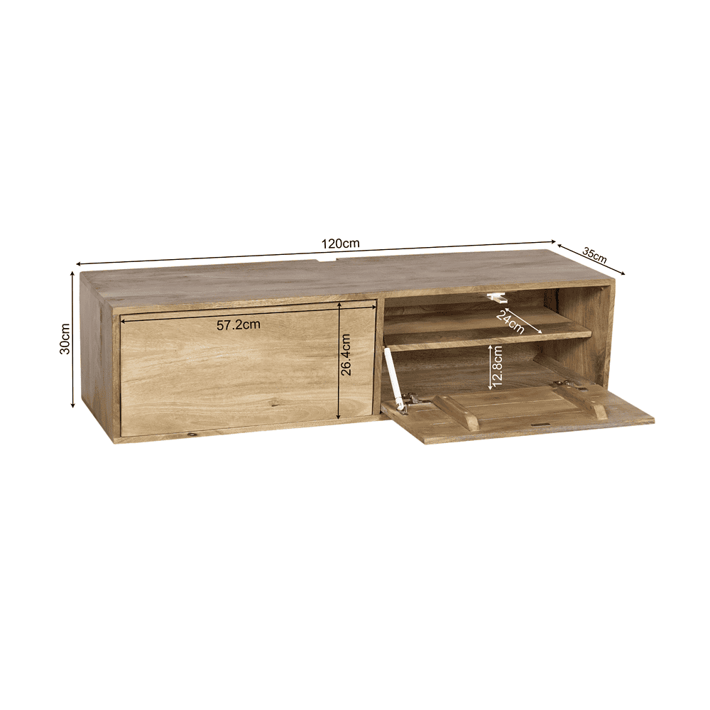 Eikenhouten tv-meubel met opbergladen en open vakken, maat 120x35x30cm, modern design voor woonkamer, tv en accessoires, maat aftand in formaat optimaliseerbare opbergruimte.