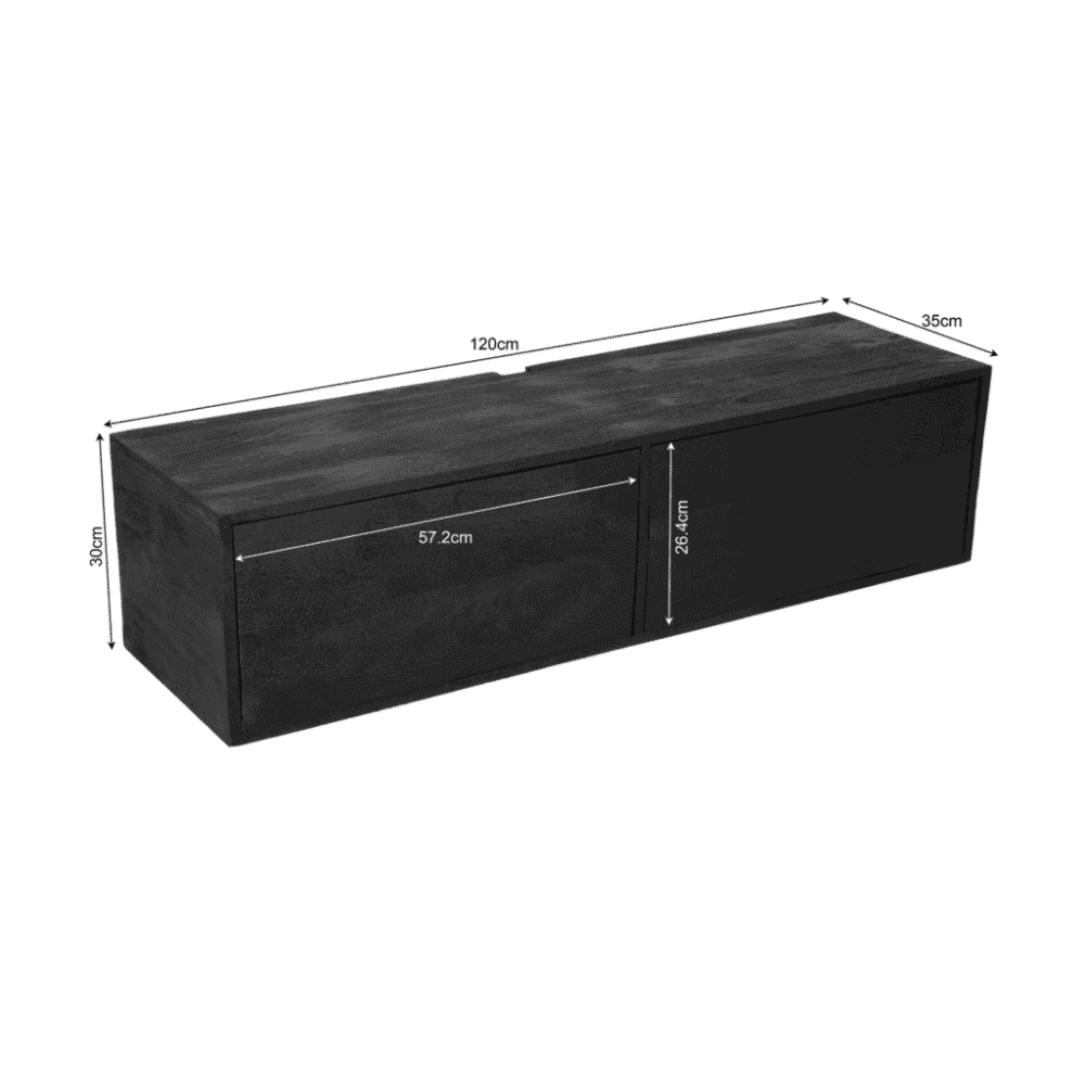 Modern zwart eiken wandmeubel met afmetingen 120cm breed, 30cm hoog en 35cm diep, ideaal voor woonkamer of slaapkamer.