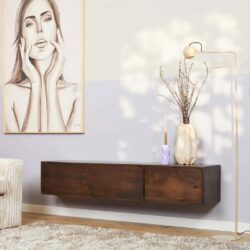 Strak houten wandmeubel in donker eikenhout voor stijlvolle woonkamers en opbergruimte, perfect voor moderne interieur decoratie.
