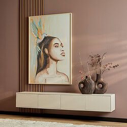 Elegant wit meubel en kunstwerk, stijlvolle wandunit met verfijnde details en decoratieve vazen met takken, perfect voor een moderne inrichting met natuurlijke elementen.