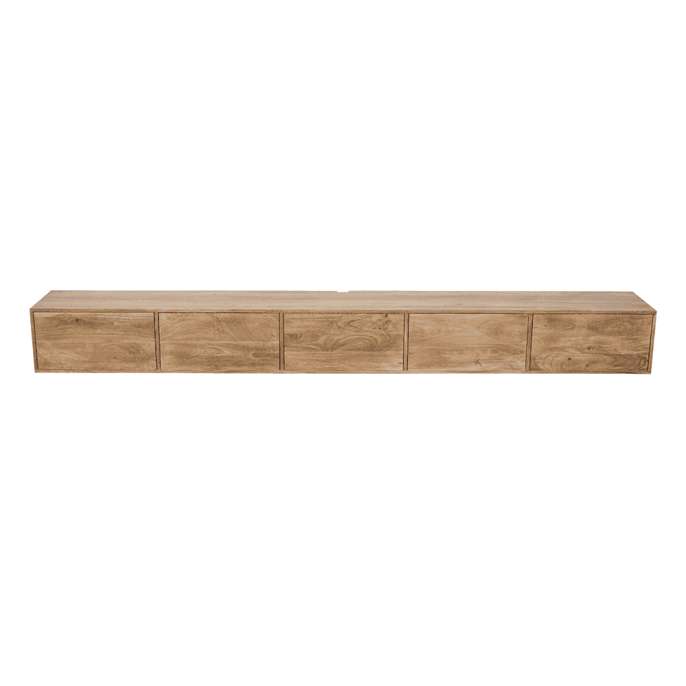 Robuuste tv-meubel van natuurlijk massief hout met meerdere opberglades, ideaal voor moderne interieurs en op maat gemaakte design meubels.