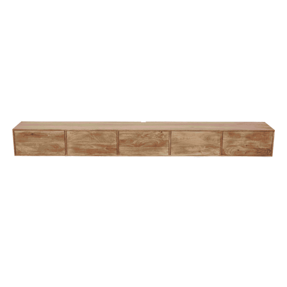 Massief houten mediameubel, lowboard met 5 opbergkasten voor tv en multimedia, natuurlijke eikenafwerking, modern en tijdloos design, op maat gemaakte meubels van Mokana Meubelen.