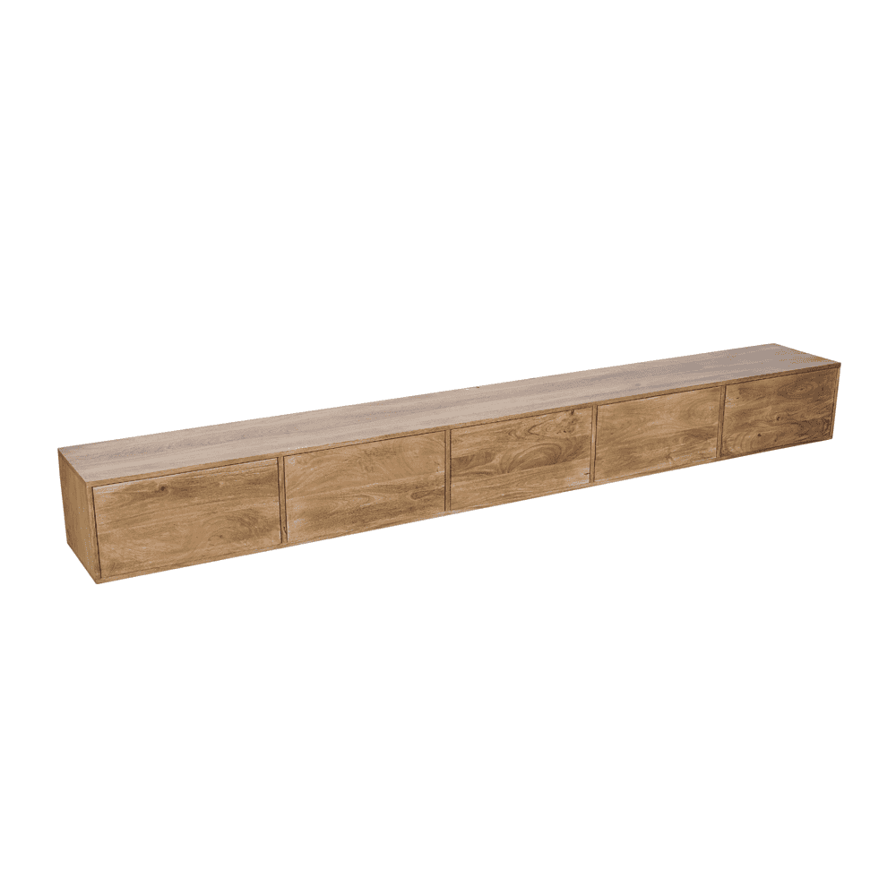 Grote houten wandmeubel met 5 opbergkasten, gemaakt van massief gerecycled hout, perfect voor woonkamer of slaapkamer.