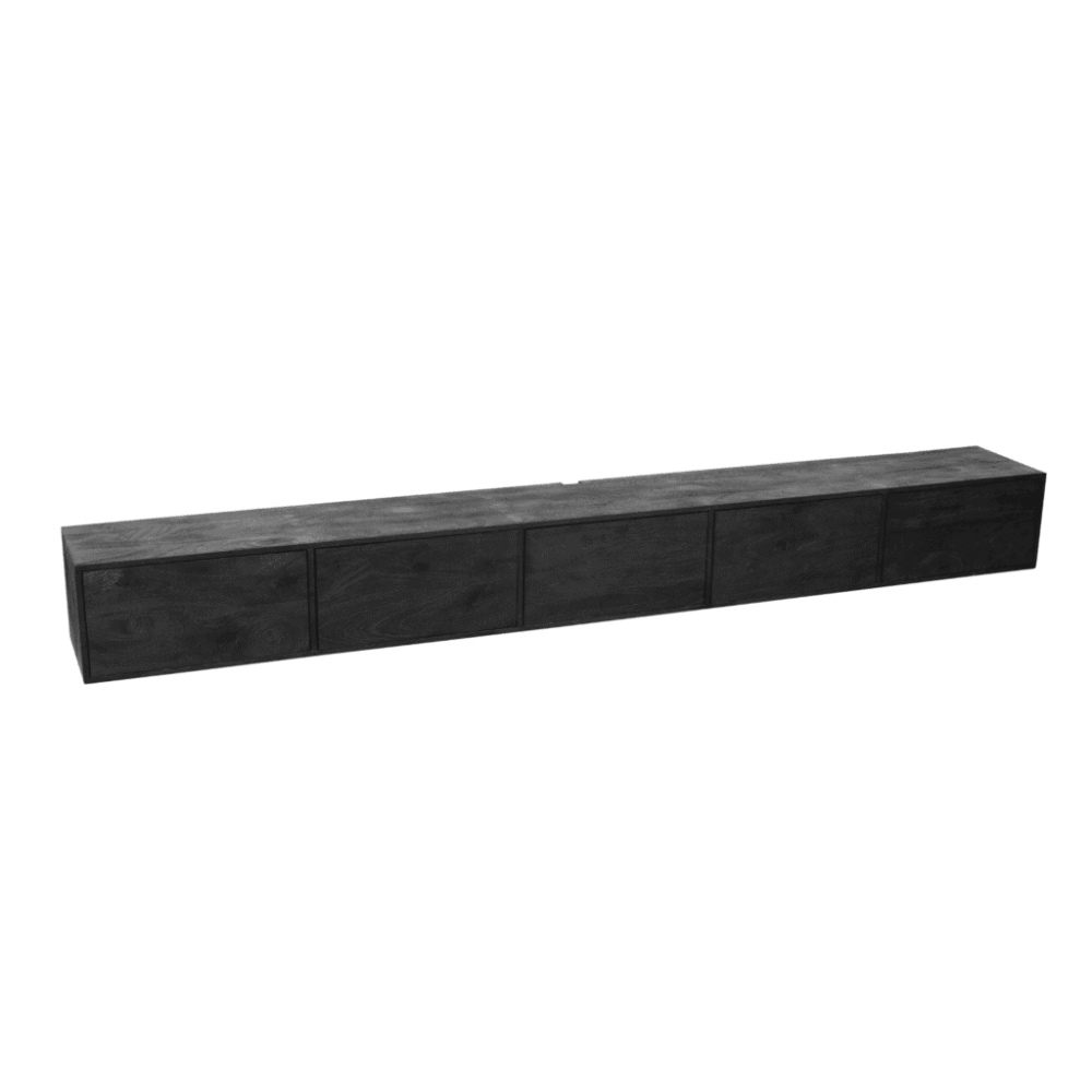 Lasten bank, zwart hout, moderne ontwerp, vrijstaand meubel, Mokana Meubelen, storage cabinet, lowboard, woonkamer meubilair, kwalitatief hoogwaardig, duurzame afwerking, elegant en functioneel, slanke lijnen, industrieel design, eyecatcher in huis, tijdloos.