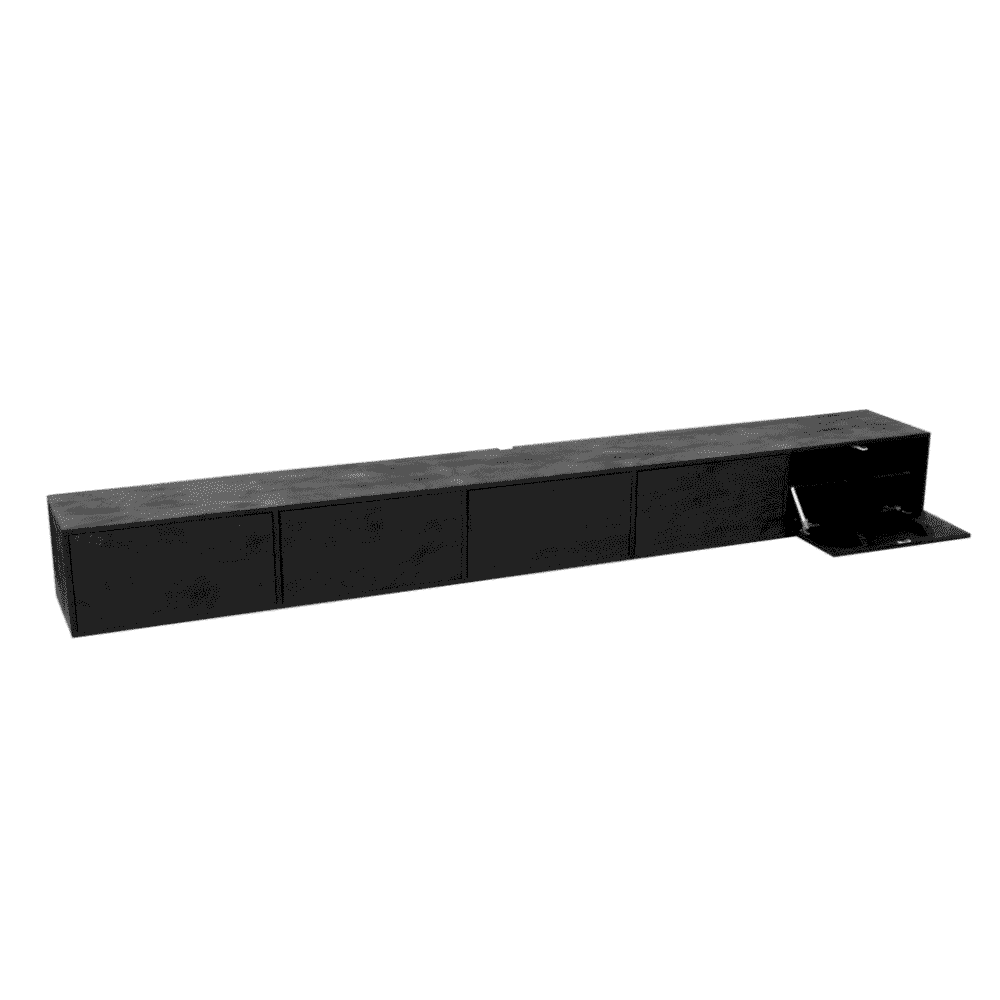 Sfeervolle zwart houten tv meubel met opbergruimte en uitschuifbare plank, modern design voor woonkamer en entertainment, Mokana Meubelen.