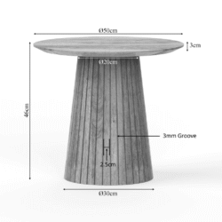 Modern houten bijzettafel met ronde top en kegelvormige basis, ambachtelijk gemaakt van natuurlijk hout, geschikt voor woonkamer of terras.