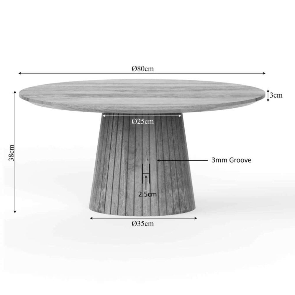 Massief houten eettafel met rond blad en getoogde basis, maat 80cm diameter, modern design, geschikt voor statement in keuken of eethoek.