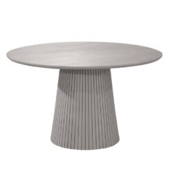 Strak modern eettafel van licht grijs hout met cilindrische voet, perfect voor eigentijdse interieurs en gezellige eettafel momenten.