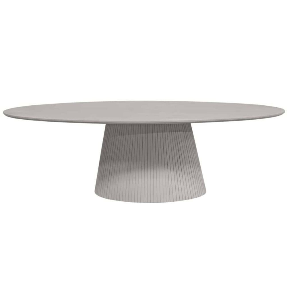 Strak, modern eettafel van Mokana Meubelen met een ronde, geribbelde voet en een lichtgrijze kleur, perfect voor een stijlvolle eet- of vergaderruimte.