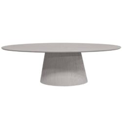 Strak, modern eettafel van Mokana Meubelen met een ronde, geribbelde voet en een lichtgrijze kleur, perfect voor een stijlvolle eet- of vergaderruimte.