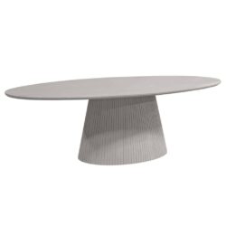 Modern eettafel met geribbelde basis en afgeronde ovale tafelblad, ideaal voor moderne eetruimtes en interieurdecoratie.