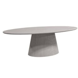 Moderne ovale eettafel van Mokana Meubelen met een gestreepte poot in een neutrale grijze kleur, perfect voor een eigentijdse eetkamer.