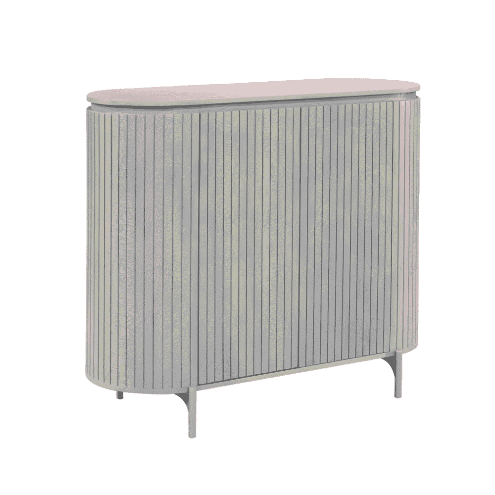 Elegante witte houten buffetkast met verticale lamellen, perfect voor stijlvolle opbergruimte in woonkamer of eetkamer. Gepersonaliseerd maatwerk mogelijk bij Mokana Meubelen.