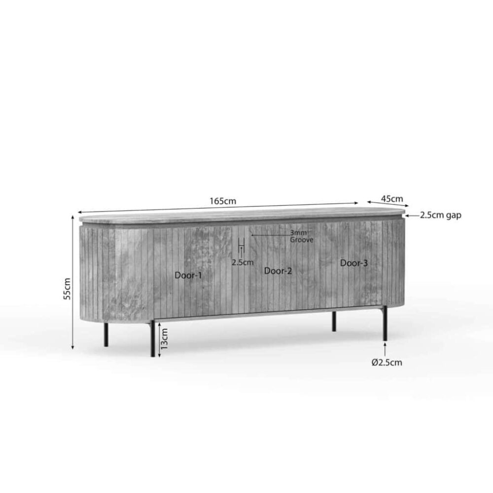 Modern houten dressoir met drie deuren, slank design, afmetingen 165x55x45 cm, zwart metalen poten, ideaal voor opbergen en stijlvol wonen.