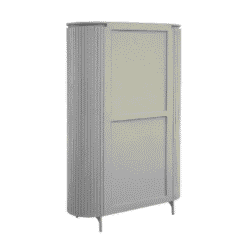 Strak houten kast met verticale geprofileerde details en schuine pootjes, perfect voor moderne meubels.