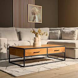 Moderne Salontafel met houten blad en zwart metalen frame, perfect voor woonkamerinterieur. Bauernhout en industrieel design combineren voor een stijlvolle en functionele uitstraling.