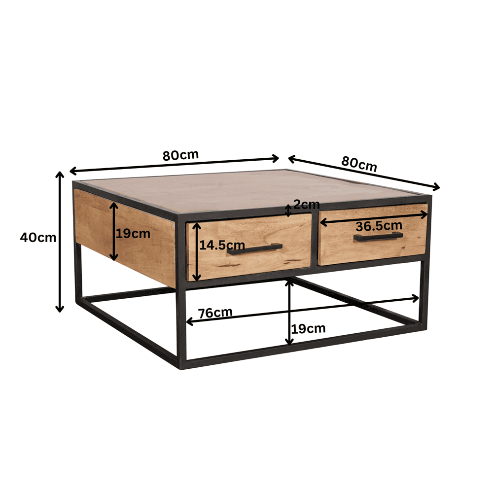 Hoogwaardige houten salontafel met metalen frame, afmetingen 80x80 cm, met opberglaten en industrieel design, perfect voor moderne woonkamers, duurzaam en aantrekkelijk meubelstuk.