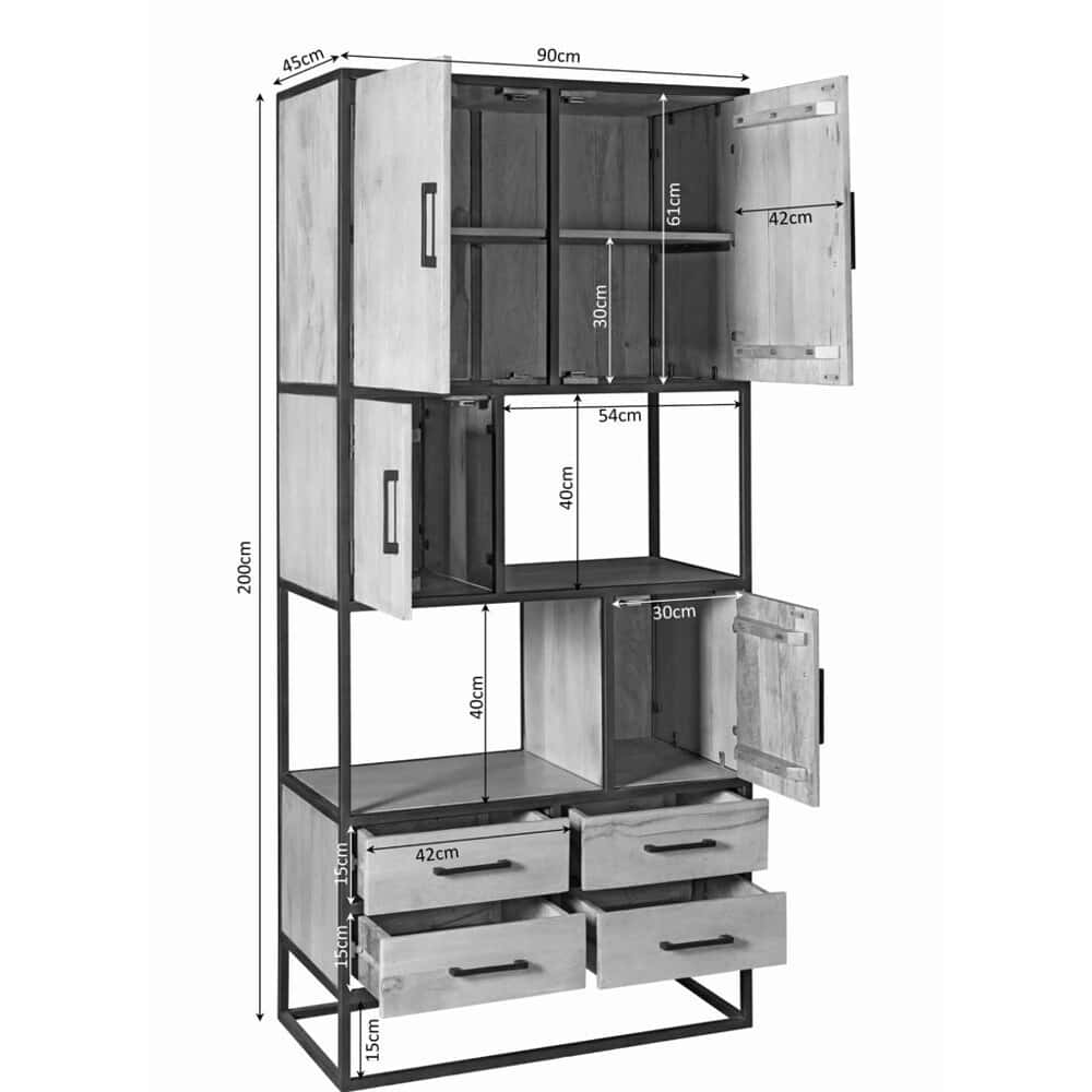 Dressoir met massief houten deurtjes en lades, industrieel ontwerp, zwart metalen frame, op maat gemaakte opbergruimte, vintage meubelstuk voor woonkamer of keuken.