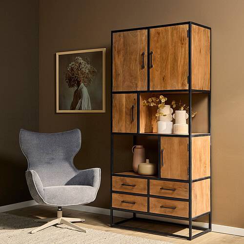Mekana Meubelen industrieel houten kast met zwarte metalen frame en opbergvakken, ideaal voor modern interieur.