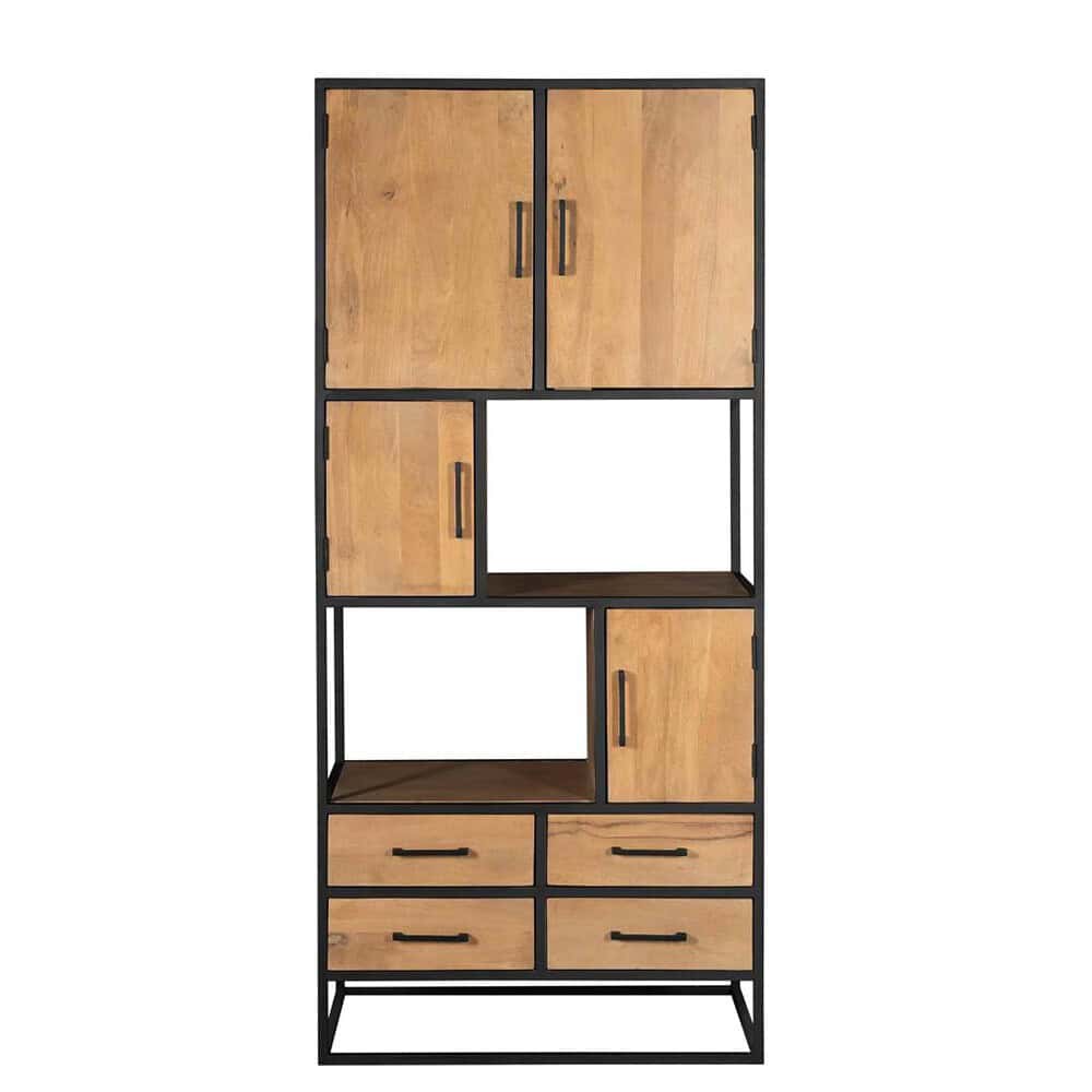 Stalen industrieel droogkast met houten laden en deuren, modern meubel voor woon- of kantoorruimte.