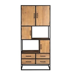 Stalen industrieel droogkast met houten laden en deuren, modern meubel voor woon- of kantoorruimte.