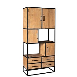 Robuuste houten boekenkast met zwart metalen frame, vintage design, multifunctioneel en ruime opbergmogelijkheden, perfect voor moderne en industriële interieurs.