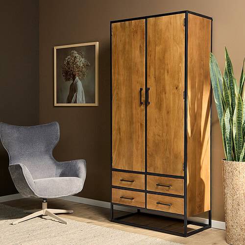 Moderne houten kast met zwart metalen frame en vier diepe lades, perfect voor stoere en stijlvolle interieuraccenten.