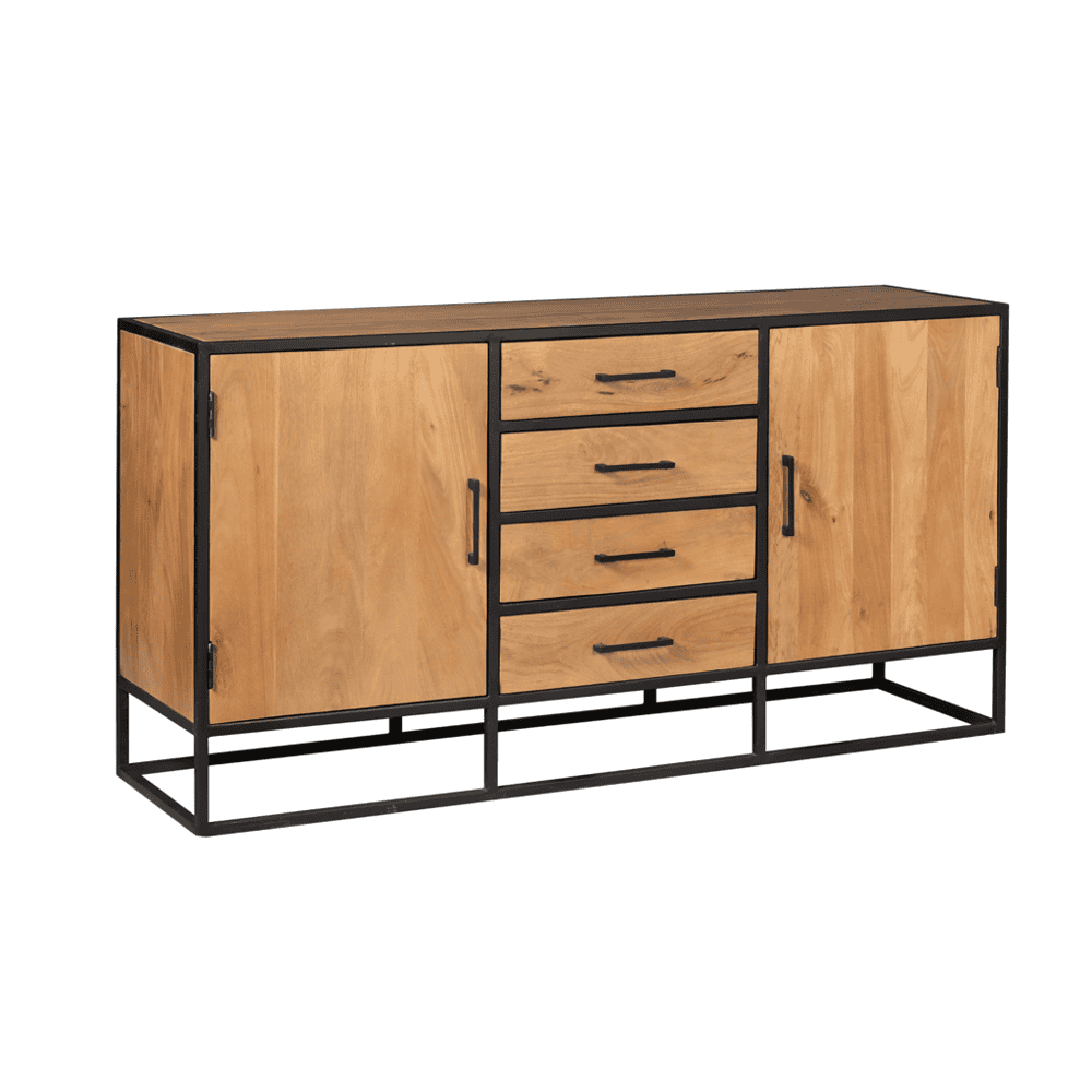 Robuuste hout en staal dressoir met meerdere laden en ruime opbergruimte, modern industrieel design, ideaal voor woonkamer of eetkamer, maatwerk mogelijk bij Mokana Meubelen.