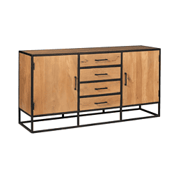 Massief houten dressoir met zwart metalen frame, modern industrieel design, ruime opberglades en lades, perfect voor woonkamer of eetkamer.