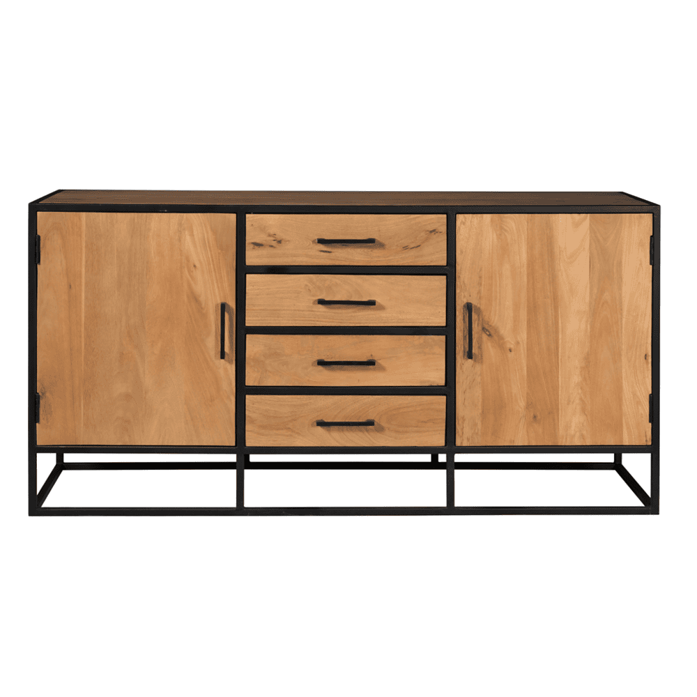 Strak houten dressoir met zwart metalen frame, duurzame meubelstukken, modern industrieel design, op maat gemaakt, perfect voor woon- en eetkamers.
