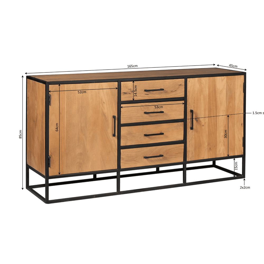 Robuuste houten dressoir met zwart metalen frame, opbergruimte en laden, stijlvol meubel voor woonkamer of eetkamer, modern industrieel design.