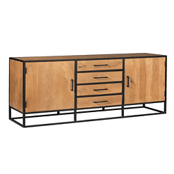 Strak houten dressoir met zwart metalen frame, industrieel design, ruime opbergmogelijkheden, perfect voor woonkamer of kantoor.