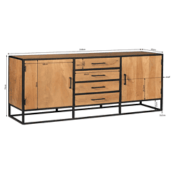 Elegante houten dressoir met zwart metaal frame, ruime opbergruimte, lades en stevige deuren, perfect voor modern interieur en woonkamers.