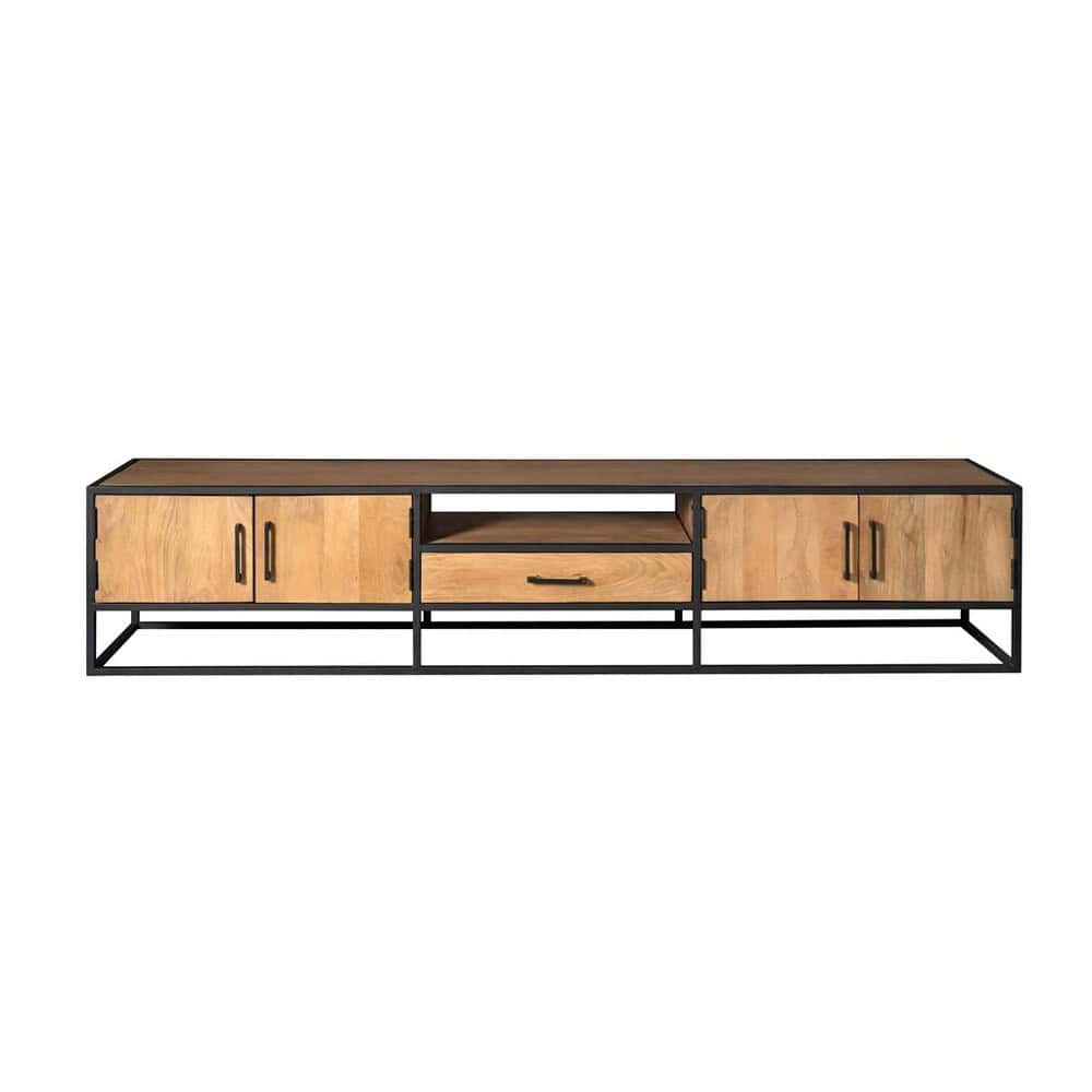 Strak houten tv-meubel met zwart metalen frame, modern design, geschikt voor woonkamer, tv-kast of opbergmeubel, gemaakt van kwalitatief hout en met voldoende opbergruimte.