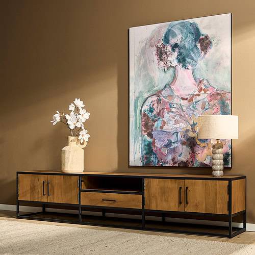 Vintage houten TV-meubel met zwart metalen frame, rustiek design, modern landelijk interieur, op maat gemaakt, woonwinkel Nederland.