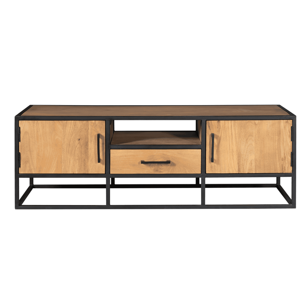 Rustieke houten tv-meubel met zwart metalen frame, modern industrieel design, ruime opbergruimte, geschikt voor woonkamer en entertainment systemen, strak en functioneel meubelstuk.
