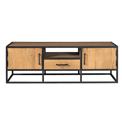 Rustieke houten tv-meubel met zwart metalen frame, modern industrieel design, ruime opbergruimte, geschikt voor woonkamer en entertainment systemen, strak en functioneel meubelstuk.