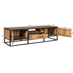 Anders, industrieel dressoir met robuuste houten kast en zwart metalen frame, geschikt voor een modern interieur en opbergen van woonaccessoires.