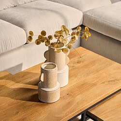 Moderne keramische vazen met eucalyptus tak, op houten salontafel in woonkamer met lichte bank.