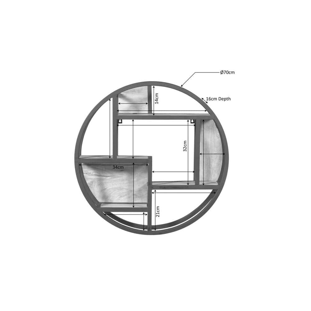 Uniek ronde houten wanddecoratie met maatvoeringen en vakken voor opberg of decoratie, perfect voor Scandinavisch interieur en maatwerk meubels door Mokana Meubelen.
