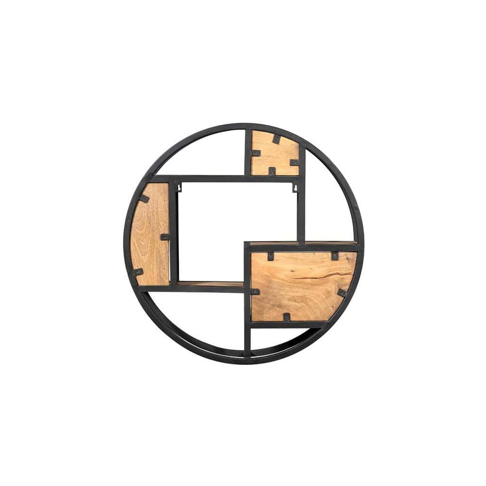 Modern wandplank met zwart metalen frame en natuurlijke houten platen, uniek design voor woonkamer of kantoor.