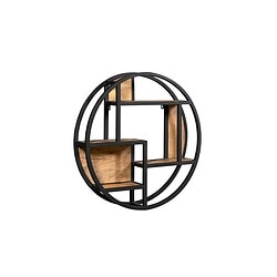 Moderne ronde wandplank met zwart metalen frame en warm houtenplanken, ideaal voor industriële en scandinavische interieurstijlen.