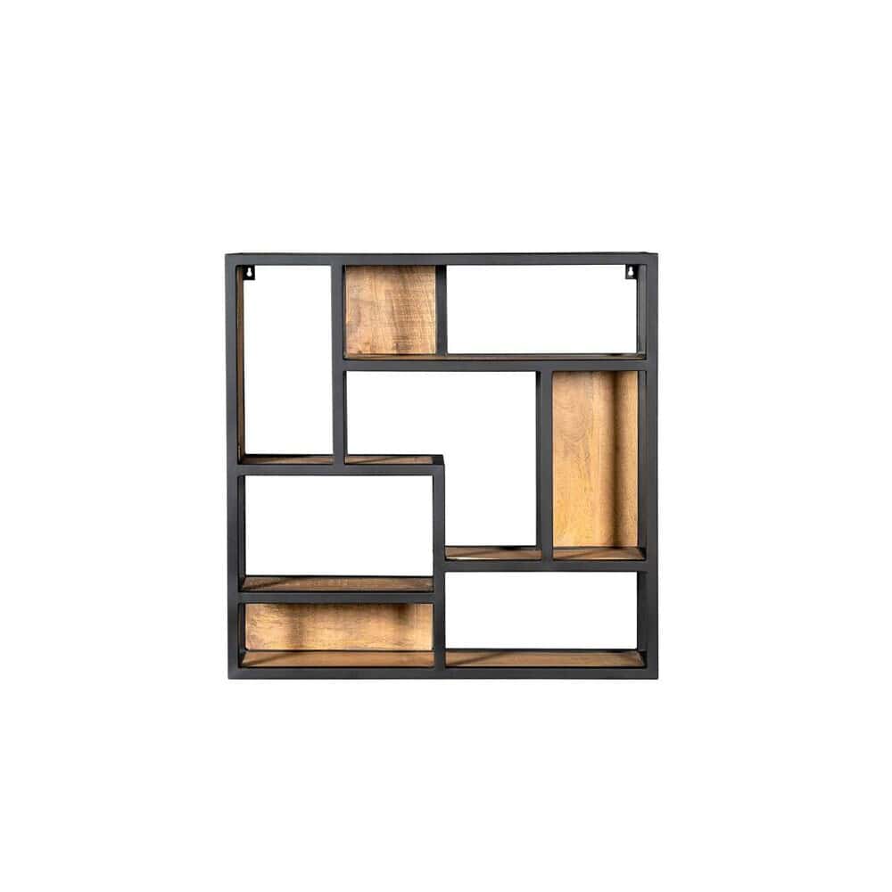 Unieke houten boekenplank met zwart metalen frame, modern design, ideaal voor woonkamer of kantoor, op maat gemaakt door Mokana Meubelen.