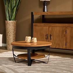 Stijlvolle landelijke salontafel met houten bovenkant en zwart metalen frame geschikt voor moderne woonkamerinterieurs.