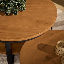 Grote ronde eettafel van massief hout met zwart metalen poten, perfect voor moderne woonkamers en eetkamers, gecombineerd met bijpassende houten fauteuils en decoratieve vazen.